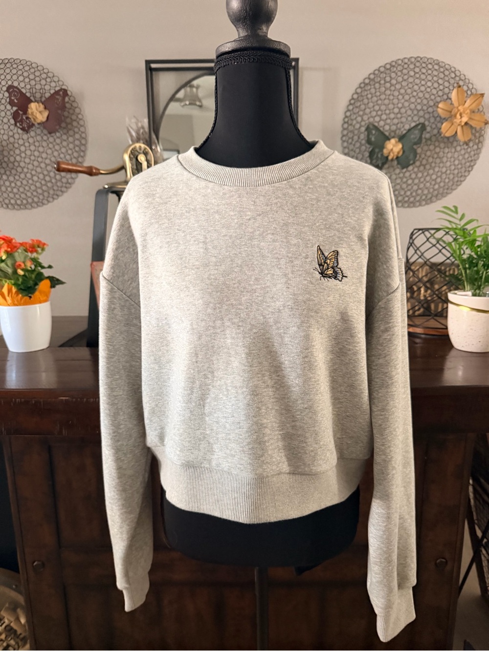 Sunday Best Light Gray Crewneck Sweatshirt with Butterfly Patch